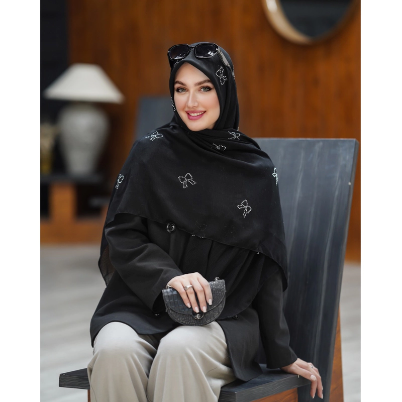 روسری کریشه درختی پاپیون نقره ای و مشکی