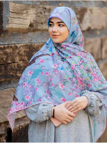 روسری نخی درجه یک طرح شکوفه بهاری طوسی قواره 120