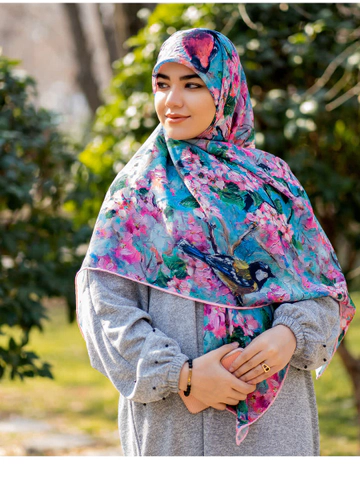 روسری نخی درجه یک طرح شکوفه بهاری صورتی قواره 120