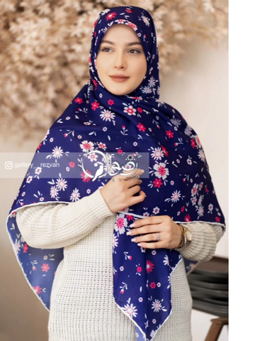 روسری کرپ نخ باایستایی عالی طرح گلریز سرخابی سفید قواره 140