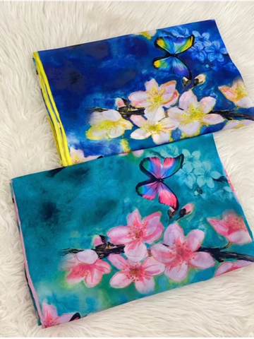 روسری نخی درجه یک طرح شکوفه و پروانه قواره 120 دوردستدوز