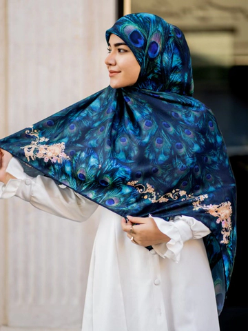 روسری نخی درجه یک طرح پرطاووس قواره 120 دوردستدوز