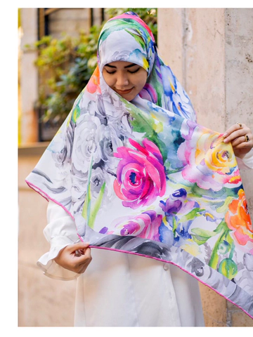 روسری نخی درجه یک طرح گل آبرنگی قبل قواره 120 دوردستدوز