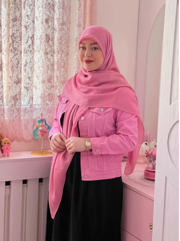 روسری نخ اسلپ نگینی رنگ صورتی قواره 140